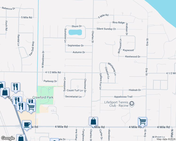 map of restaurants, bars, coffee shops, grocery stores, and more near 1420 4 1/2 Mile Road in Racine