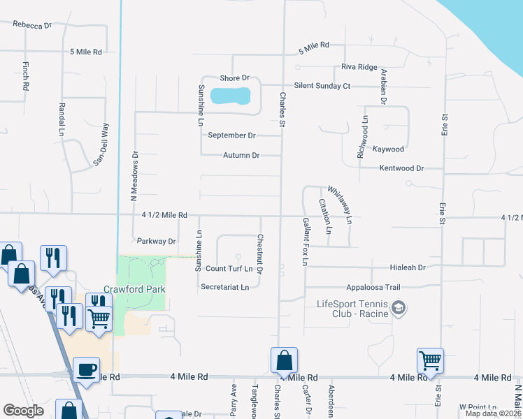 map of restaurants, bars, coffee shops, grocery stores, and more near 1530 4 1/2 Mile Road in Racine