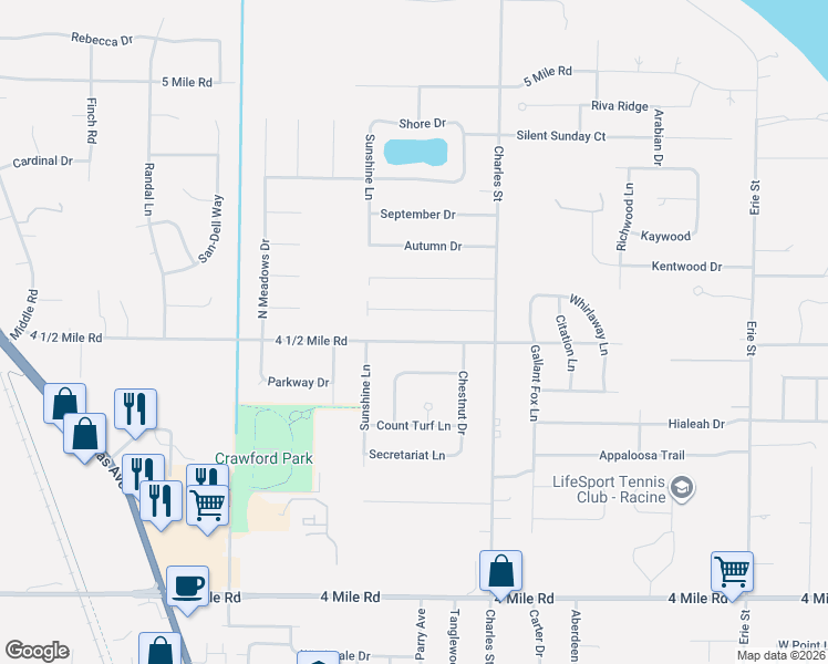 map of restaurants, bars, coffee shops, grocery stores, and more near 1710 4 1/2 Mile Road in Racine