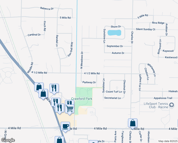 map of restaurants, bars, coffee shops, grocery stores, and more near 2000 4 1/2 Mile Road in Racine