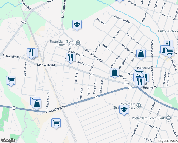 map of restaurants, bars, coffee shops, grocery stores, and more near 194 Mariaville Road in Rotterdam