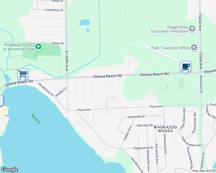map of restaurants, bars, coffee shops, grocery stores, and more near 123 Shoreline Road in Holland