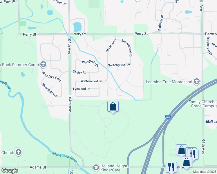 map of restaurants, bars, coffee shops, grocery stores, and more near 10102 Prairie Grass Drive in Zeeland