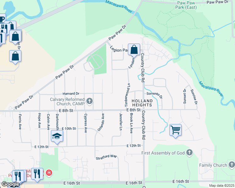 map of restaurants, bars, coffee shops, grocery stores, and more near 158 Timberwood Lane in Holland