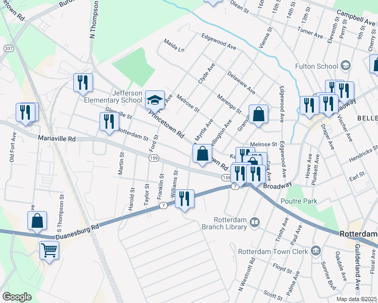 map of restaurants, bars, coffee shops, grocery stores, and more near 3101 Burnett Street in Rotterdam