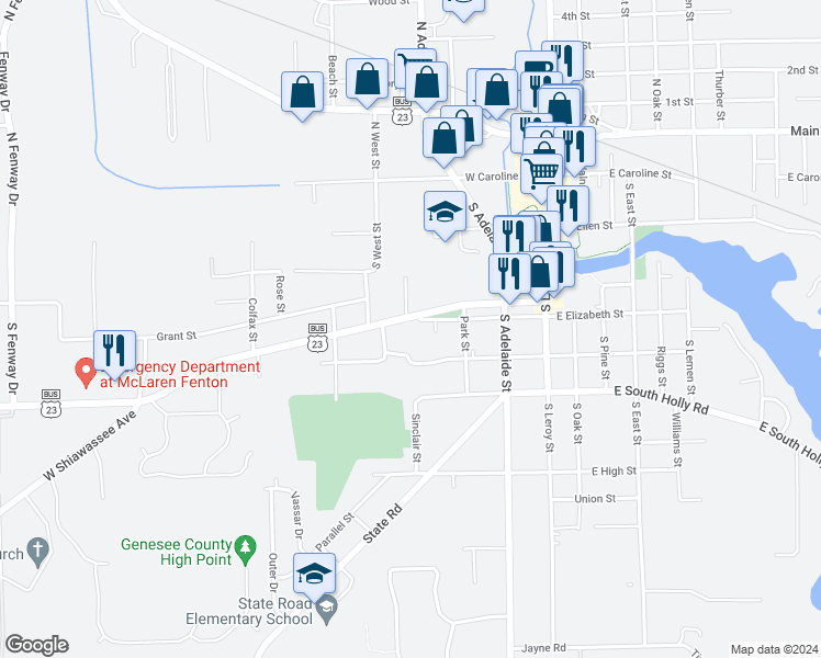 map of restaurants, bars, coffee shops, grocery stores, and more near 411 West Elizabeth Street in Fenton