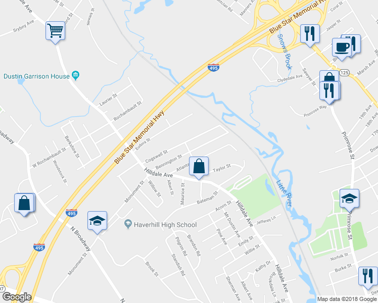 map of restaurants, bars, coffee shops, grocery stores, and more near 54 Dartmouth Street in Haverhill