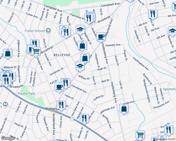 map of restaurants, bars, coffee shops, grocery stores, and more near 2217 Hugh Street in Schenectady