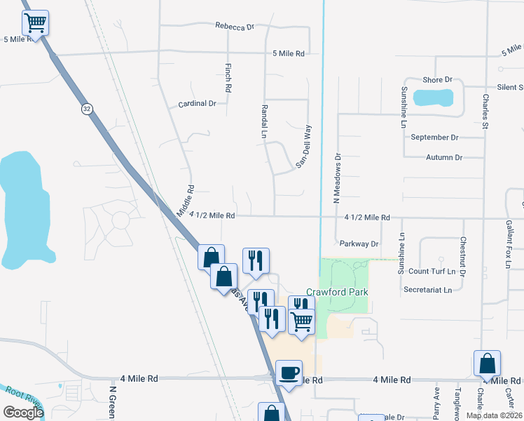 map of restaurants, bars, coffee shops, grocery stores, and more near 2586 4 1/2 Mile Road in Racine