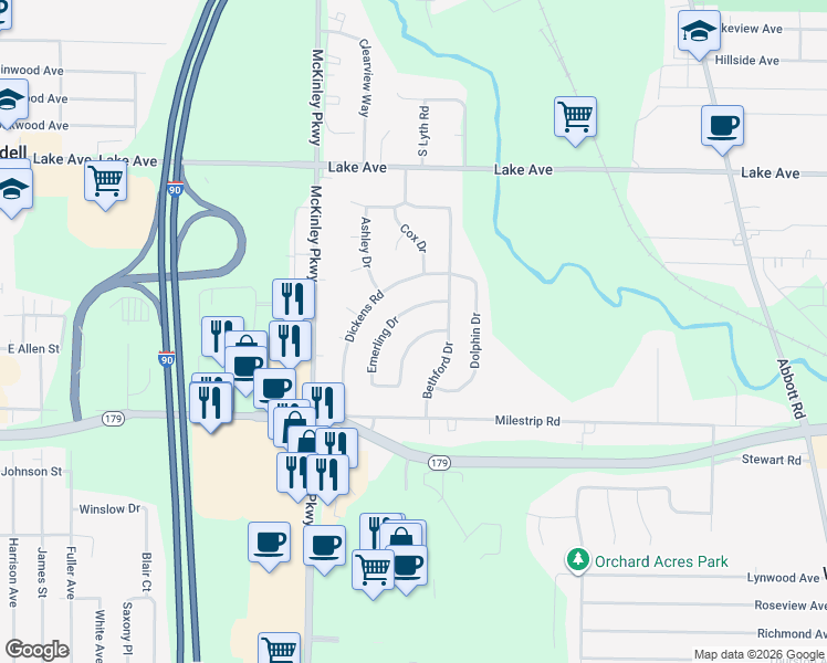 map of restaurants, bars, coffee shops, grocery stores, and more near 3463 Emerling Drive in Buffalo