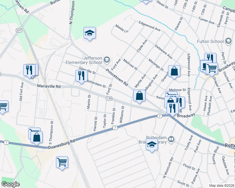 map of restaurants, bars, coffee shops, grocery stores, and more near 212 Mariaville Road in Rotterdam