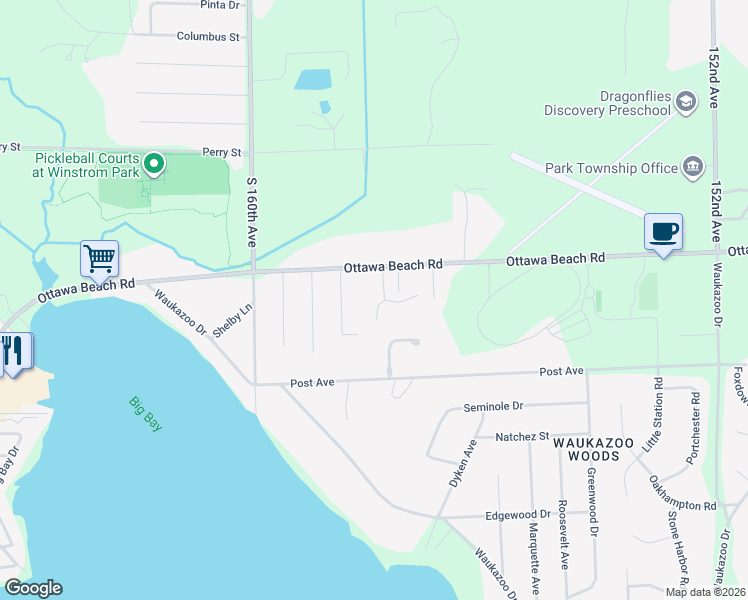 map of restaurants, bars, coffee shops, grocery stores, and more near 1500 Ottawa Beach Road in Holland