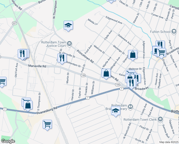 map of restaurants, bars, coffee shops, grocery stores, and more near 212 Mariaville Road in Rotterdam