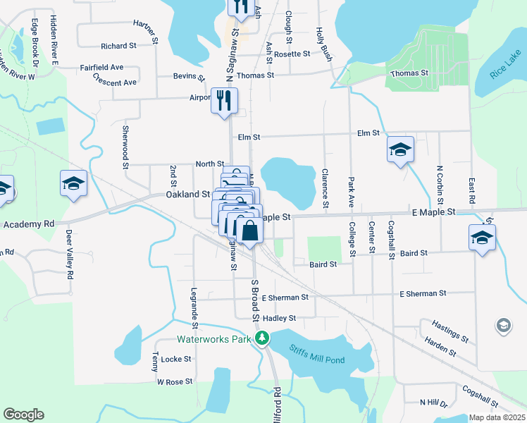 map of restaurants, bars, coffee shops, grocery stores, and more near 109 East Maple Street in Holly