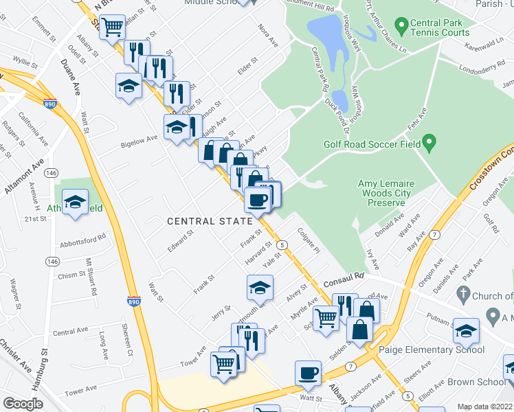 map of restaurants, bars, coffee shops, grocery stores, and more near 1487 State Street in Schenectady