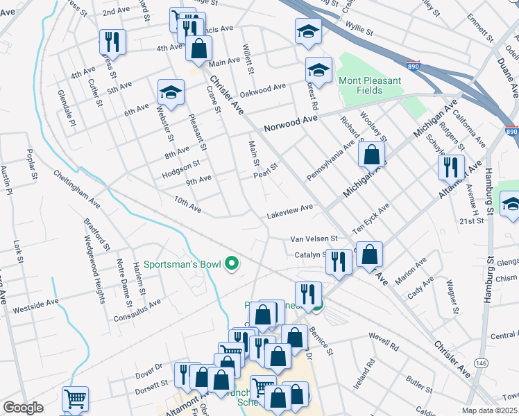 map of restaurants, bars, coffee shops, grocery stores, and more near 1407 Crane Street in Schenectady