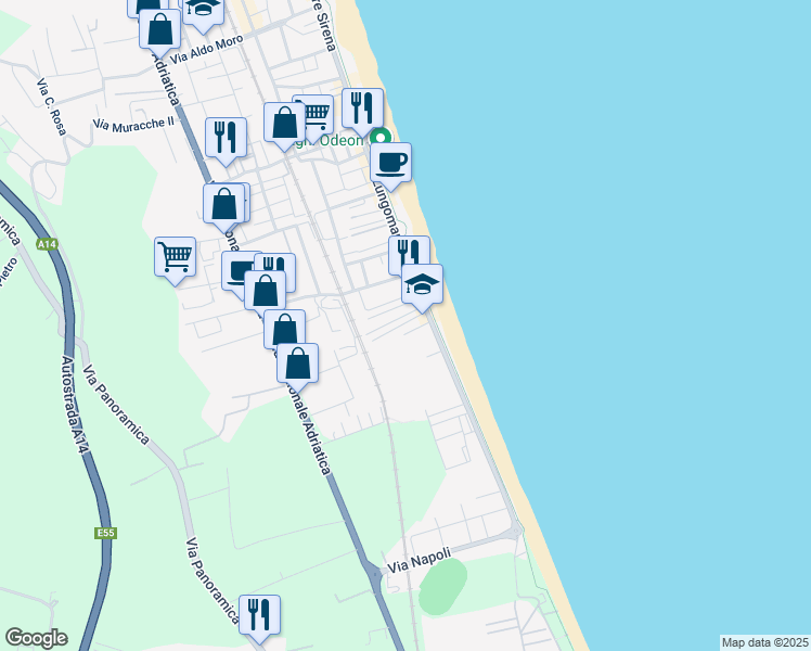 map of restaurants, bars, coffee shops, grocery stores, and more near 15 Via Messina in Tortoreto Lido