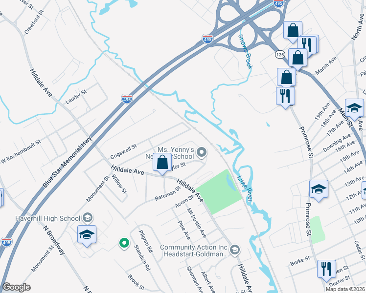 map of restaurants, bars, coffee shops, grocery stores, and more near 87 Atlanta Street in Haverhill