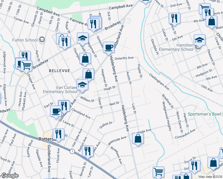 map of restaurants, bars, coffee shops, grocery stores, and more near 2030 Hugh Street in Schenectady