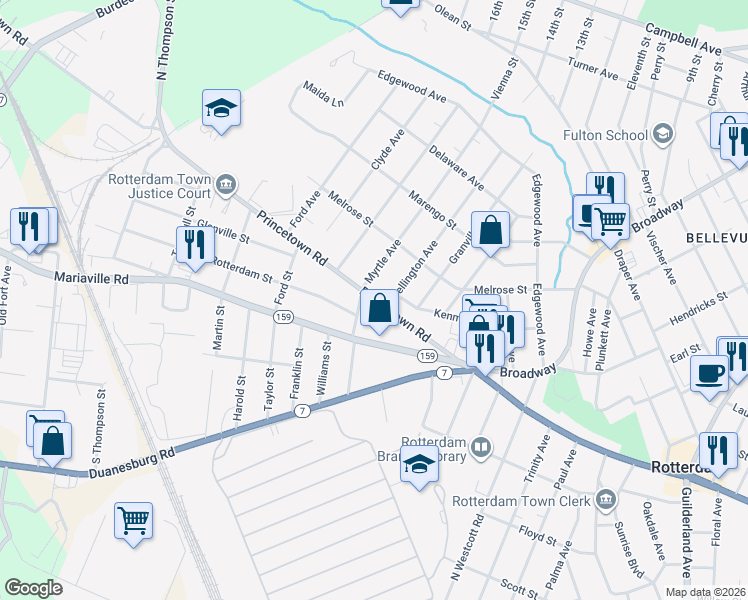 map of restaurants, bars, coffee shops, grocery stores, and more near 309 Princetown Road in Rotterdam