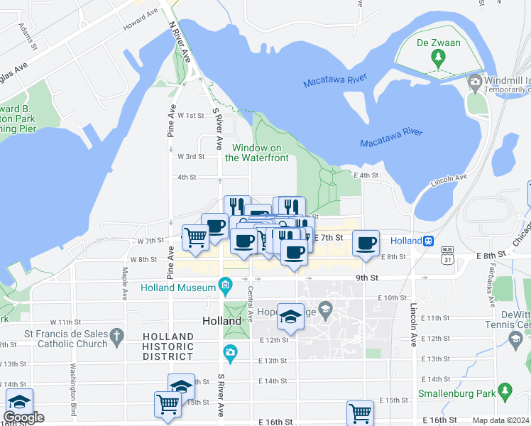 map of restaurants, bars, coffee shops, grocery stores, and more near 27 East 7th Street in Holland