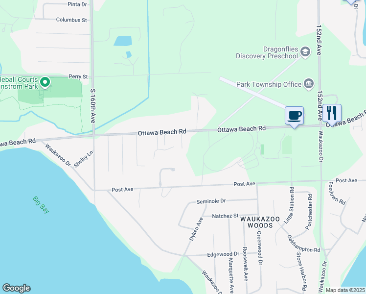 map of restaurants, bars, coffee shops, grocery stores, and more near 1456 Ottawa Beach Road in Holland