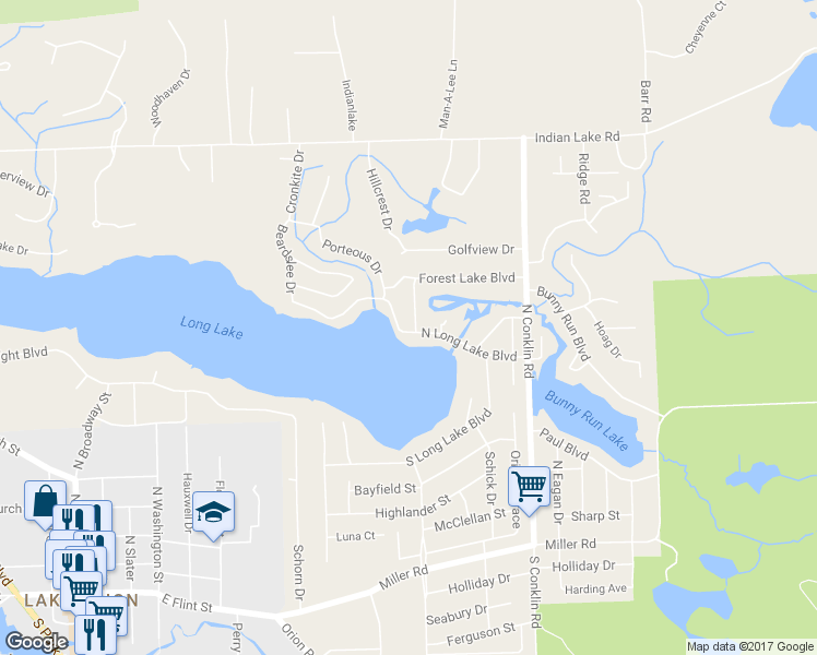 map of restaurants, bars, coffee shops, grocery stores, and more near 861 North Long Lake Boulevard in Orion charter Township