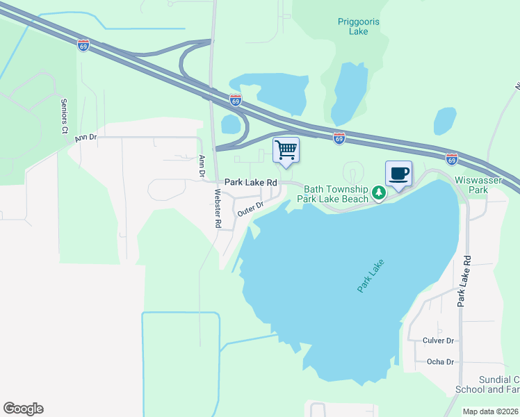map of restaurants, bars, coffee shops, grocery stores, and more near 5868 Outer Drive in Bath Township