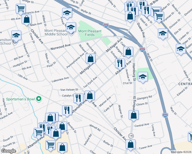 map of restaurants, bars, coffee shops, grocery stores, and more near 820 Ten Eyck Avenue in Schenectady