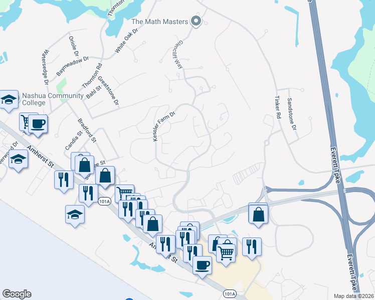 map of restaurants, bars, coffee shops, grocery stores, and more near 37 Glastonbury Drive in Nashua