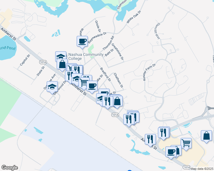map of restaurants, bars, coffee shops, grocery stores, and more near 3 Newfield Street in Nashua