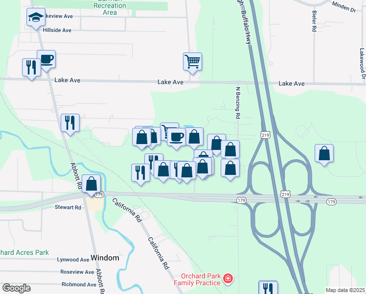 map of restaurants, bars, coffee shops, grocery stores, and more near 5622 Amanda Lane in Orchard Park