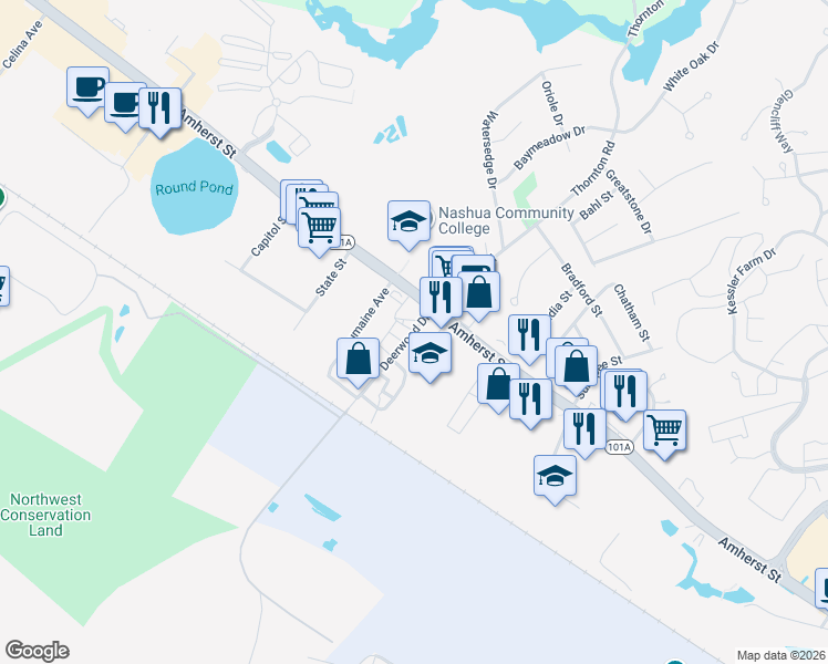 map of restaurants, bars, coffee shops, grocery stores, and more near 38 Deerwood Drive in Nashua