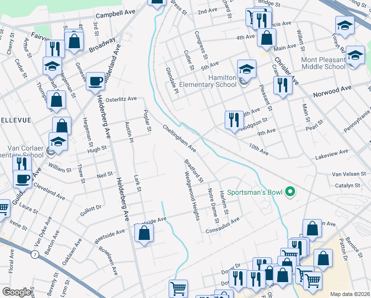 map of restaurants, bars, coffee shops, grocery stores, and more near 1277 Bradford Street in Schenectady