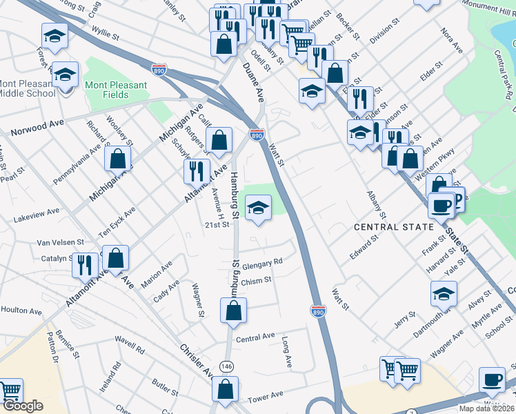 map of restaurants, bars, coffee shops, grocery stores, and more near in Schenectady