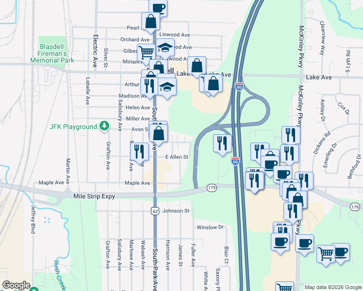 map of restaurants, bars, coffee shops, grocery stores, and more near 4261 North Street in Buffalo