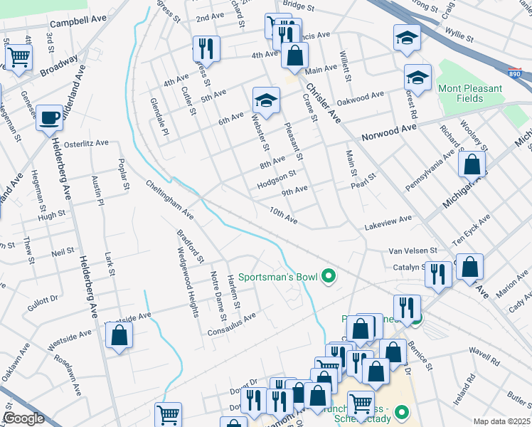 map of restaurants, bars, coffee shops, grocery stores, and more near 1350 10th Avenue in Schenectady