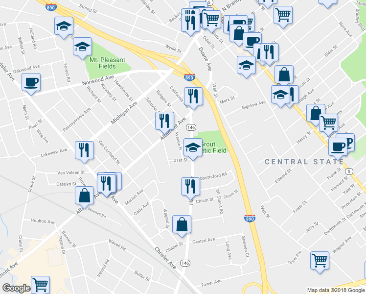 map of restaurants, bars, coffee shops, grocery stores, and more near 1751 Avenue H in Schenectady