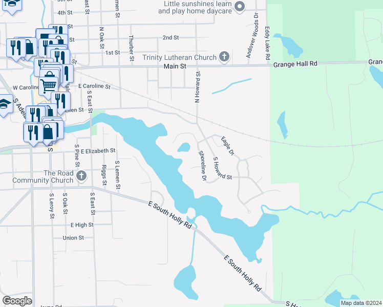 map of restaurants, bars, coffee shops, grocery stores, and more near 622 Shoreline Drive in Fenton