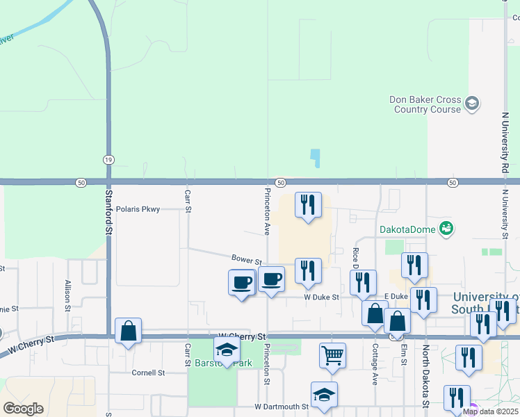 map of restaurants, bars, coffee shops, grocery stores, and more near 1207 Princeton Avenue in Vermillion