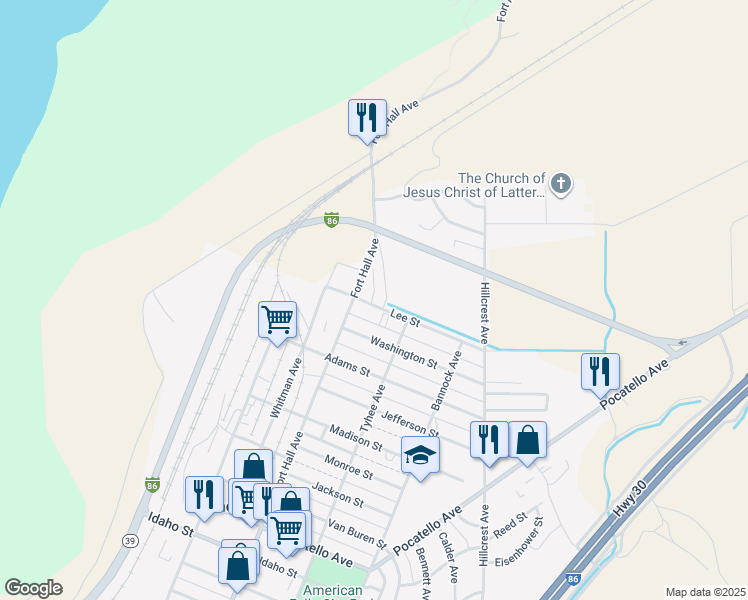 map of restaurants, bars, coffee shops, grocery stores, and more near 201 Lee Street in American Falls