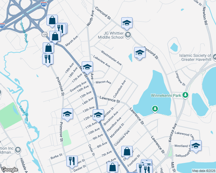 map of restaurants, bars, coffee shops, grocery stores, and more near 19 1/2 Commonwealth Avenue in Haverhill