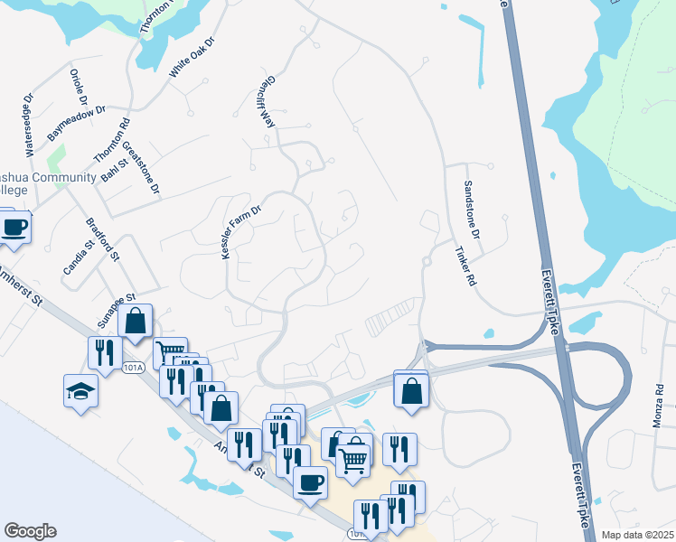 map of restaurants, bars, coffee shops, grocery stores, and more near 30 Hawkstead Hollow in Nashua