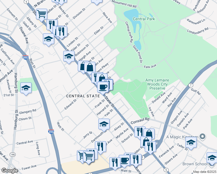 map of restaurants, bars, coffee shops, grocery stores, and more near 1491 State Street in Schenectady