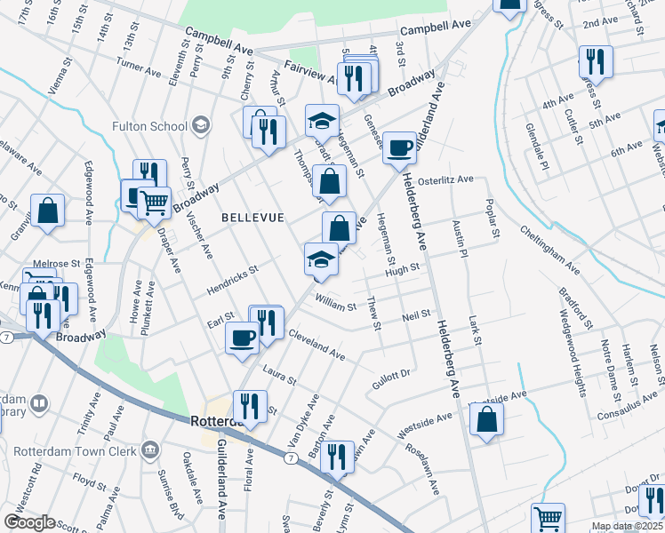 map of restaurants, bars, coffee shops, grocery stores, and more near 2217 Hugh Street in Schenectady