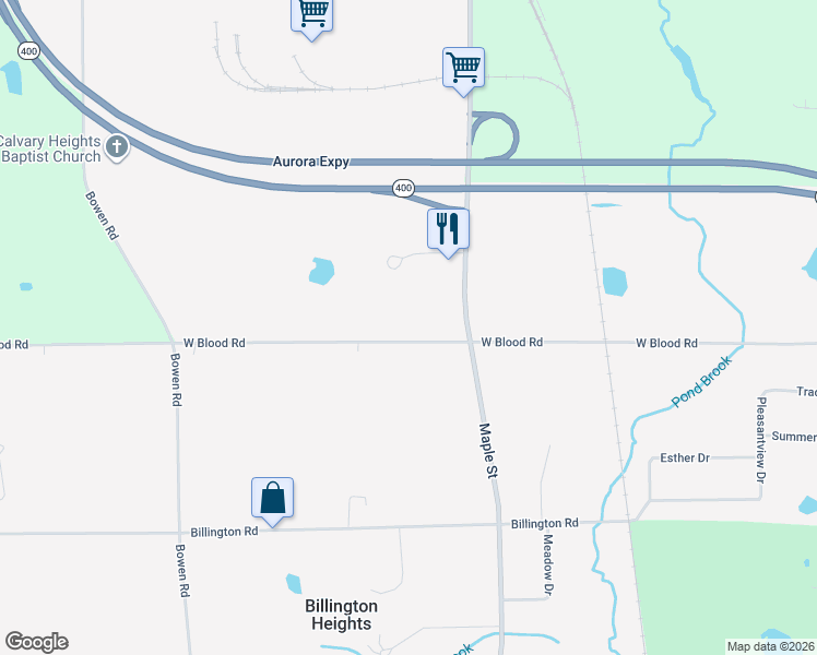 map of restaurants, bars, coffee shops, grocery stores, and more near 2011 West Blood Road in Billington Heights