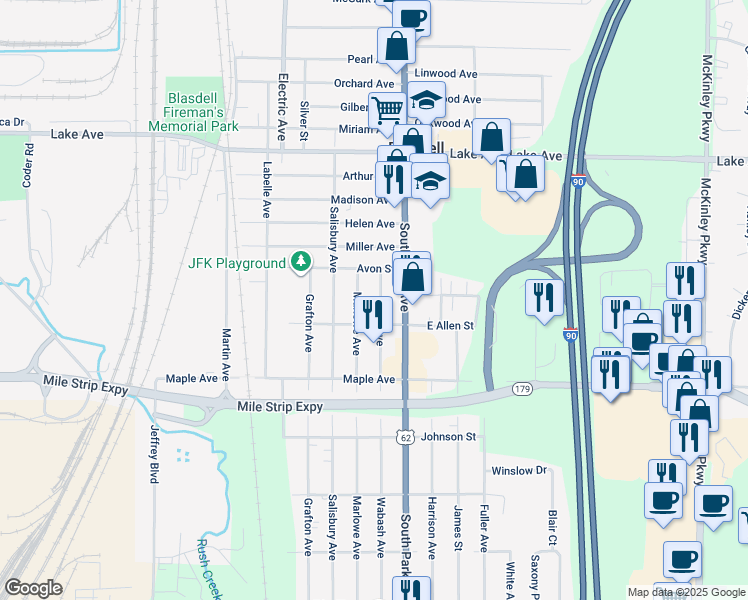 map of restaurants, bars, coffee shops, grocery stores, and more near 41 Kent Street in Blasdell