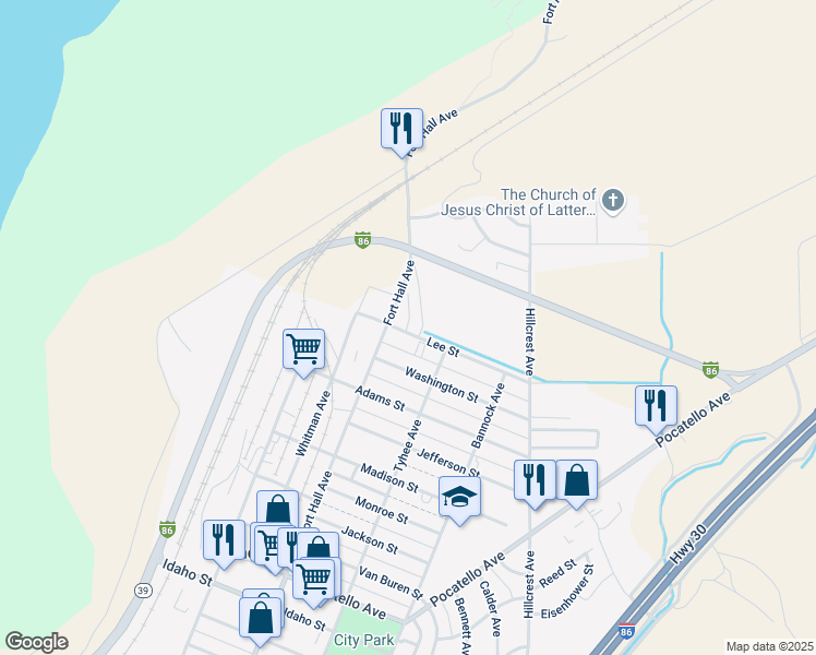 map of restaurants, bars, coffee shops, grocery stores, and more near 201 Lee Street in American Falls