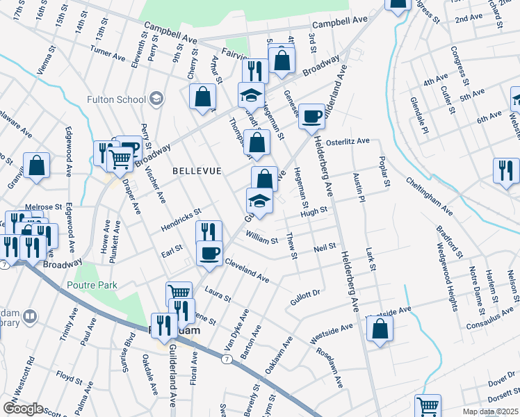 map of restaurants, bars, coffee shops, grocery stores, and more near 2217 Hugh Street in Schenectady