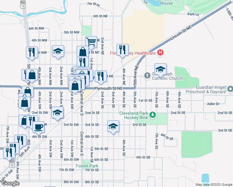 map of restaurants, bars, coffee shops, grocery stores, and more near 66-98 3rd Ave SE in Le Mars